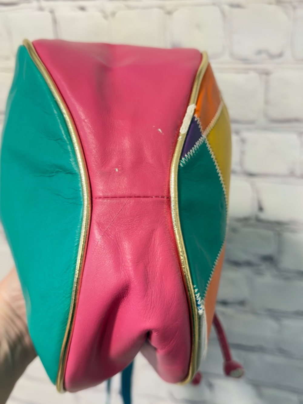 VINTAGE RETRO COLORFUL LEATHER CINCH SHOULDER BAG 80’s 90’s Fun Funky - Picture 6 of 11